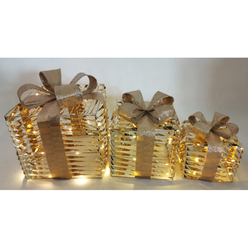 Set 3 pacchi regalo cubici con LED oro: Natale luminoso e chic