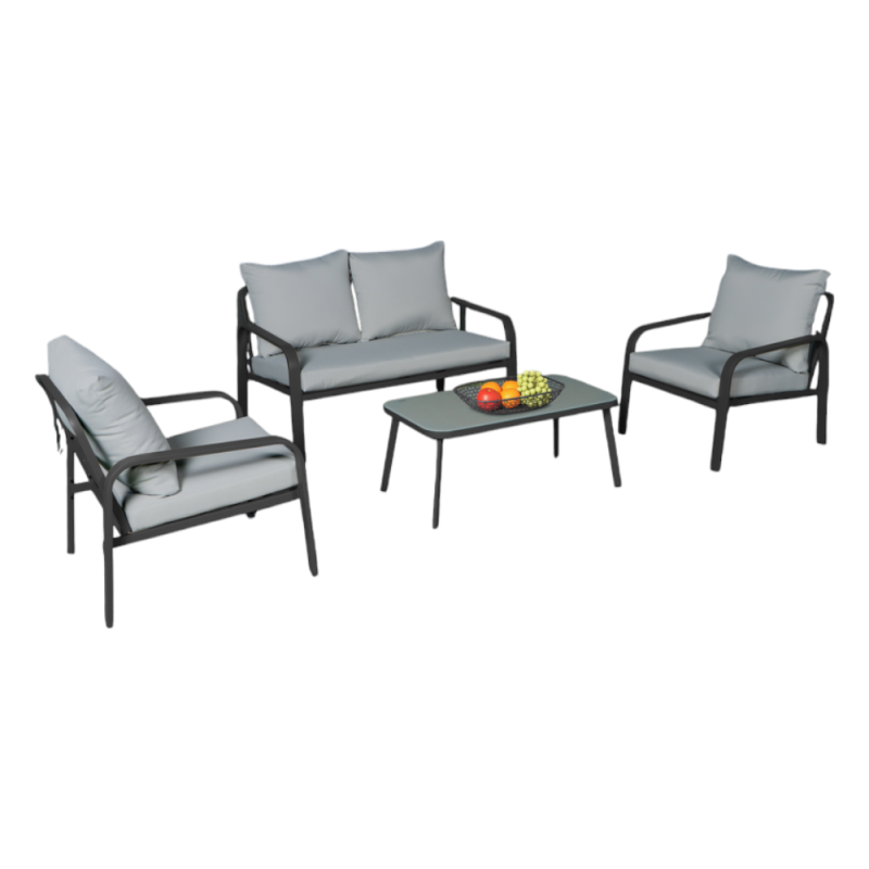 Set Ponza 4 posti metallo antracite cuscini grigi giardino