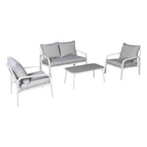 Set Ponza 4 posti metallo bianco cuscini grigio chiaro giardino