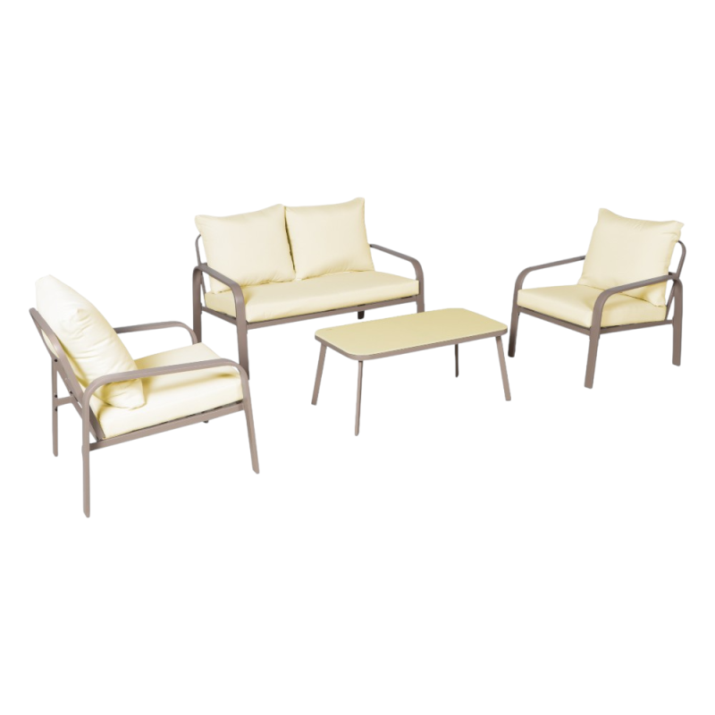 Set Ponza 4 posti metallo tortora cuscini ecru da giardino