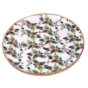 Centrotavola legno agrifoglio verde bianco Ø30x2 cm - Decorazione