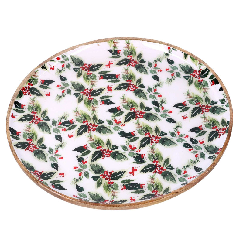 Centrotavola legno agrifoglio verde bianco Ø30x2 cm - Decorazione