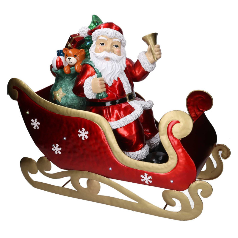 Babbo Natale resina su slitta metallo rosso LED 64x26x60 cm