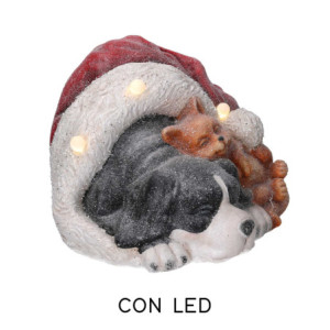 Cane resina nero con gatto, cappello e LED 35x34x24,6 cm