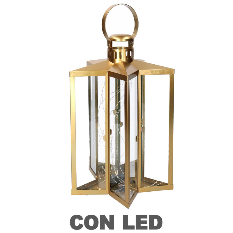 Lanterna LED metallo stella oro 27,5x27,5h42-48 cm elegante