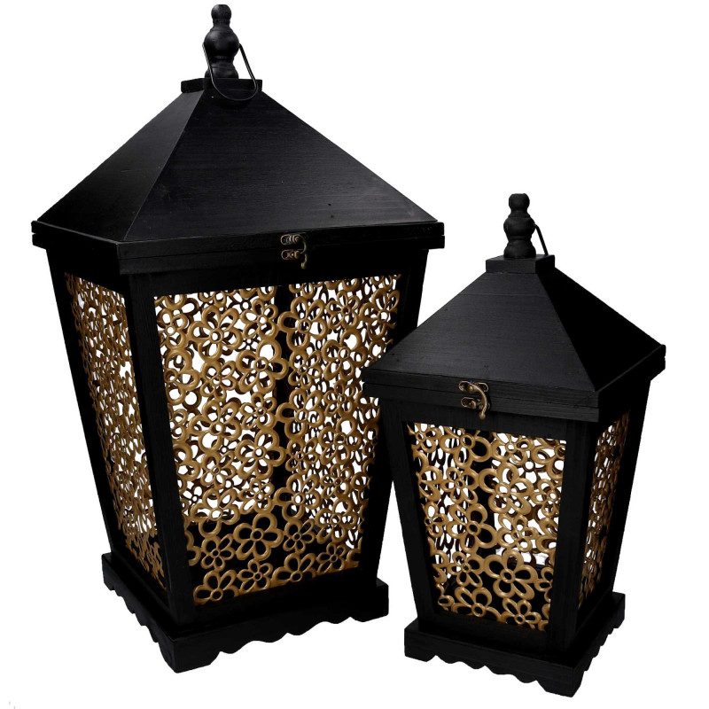 Lanterna legno fiori oro e nero 32x32h62 cm elegante decorazione