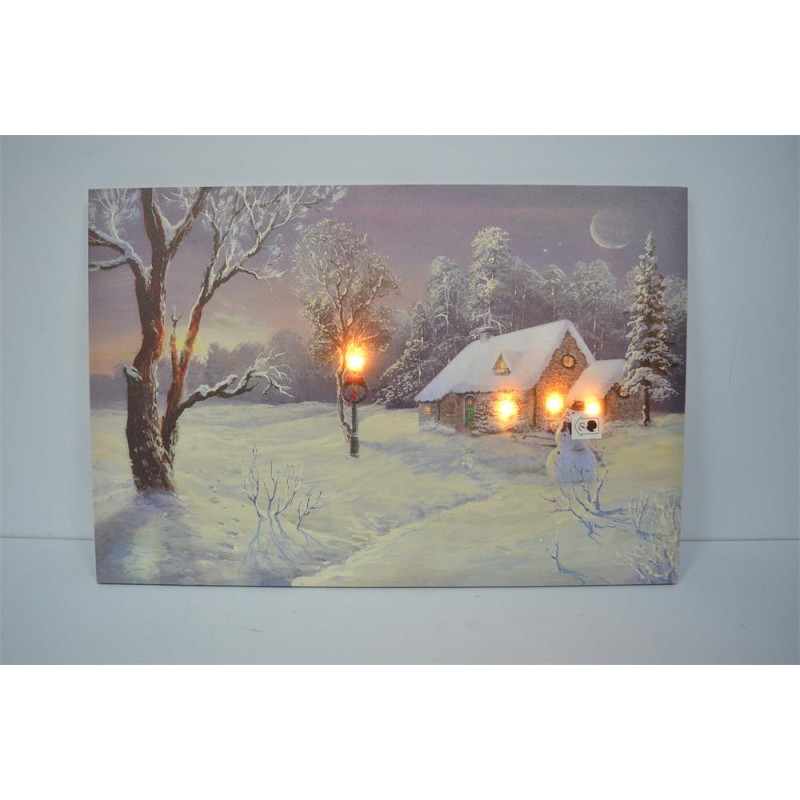 Quadro LED legno casa innevata multicolor cm 60x40h18