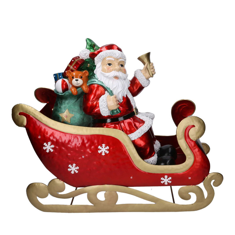 Babbo Natale resina su slitta metallo rosso LED 64x26x60 cm