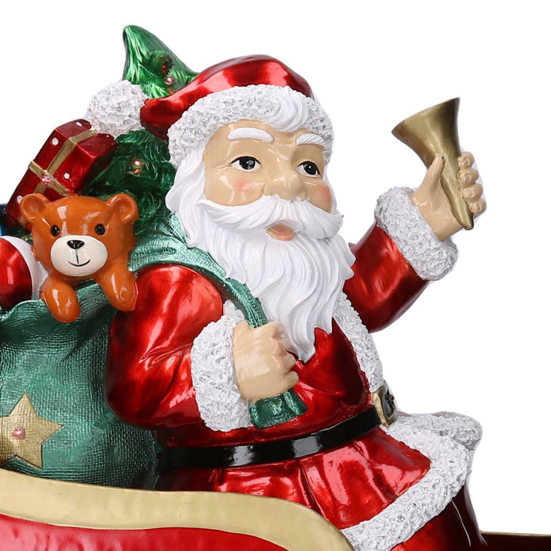 Babbo Natale resina su slitta metallo rosso LED 64x26x60 cm