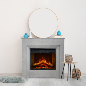 Zoom Camino elettrico caminetto da terra BELLINI in legno effetto Cemento Made in Italy L96 x P35 x H96