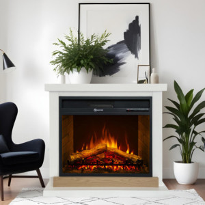 Zoom Camino elettrico caminetto da terra Stoccolma in legno bianco L75xP28xH70 cm