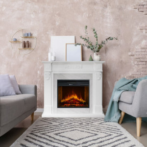 Zoom Camino elettrico caminetto da terra TRUMAN Bianco effetto marmo L121 x P38 x H108