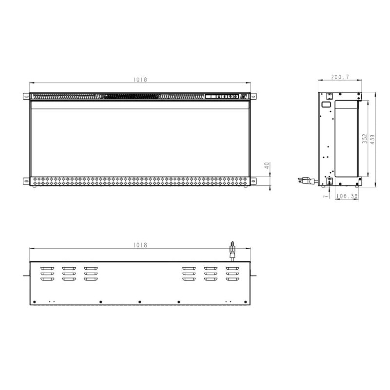 Camino elettrico da parete Boston100 a incasso 3 lati design moderno