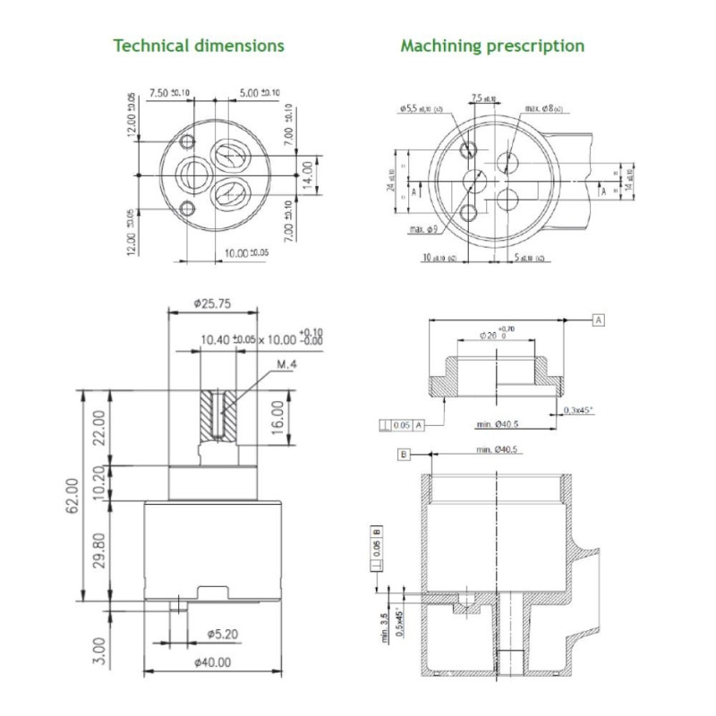 Cartuccia corta 40 mm per miscelatore cucina ricambio universale