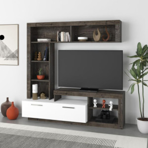 Parete attrezzata Leo dark coffee e bianco con nicchie e ribalta