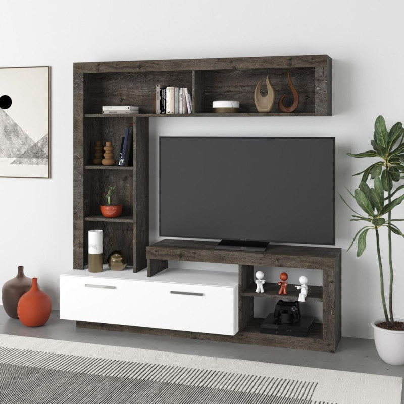 Parete attrezzata Leo dark coffee e bianco con nicchie e ribalta