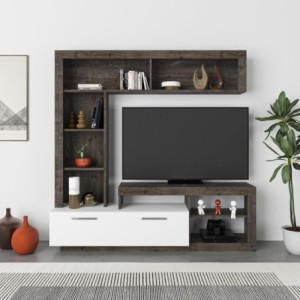 Zoom Parete attrezzata Leo con nicchie a giorno e anta a ribalta colore dark coffee e bianco