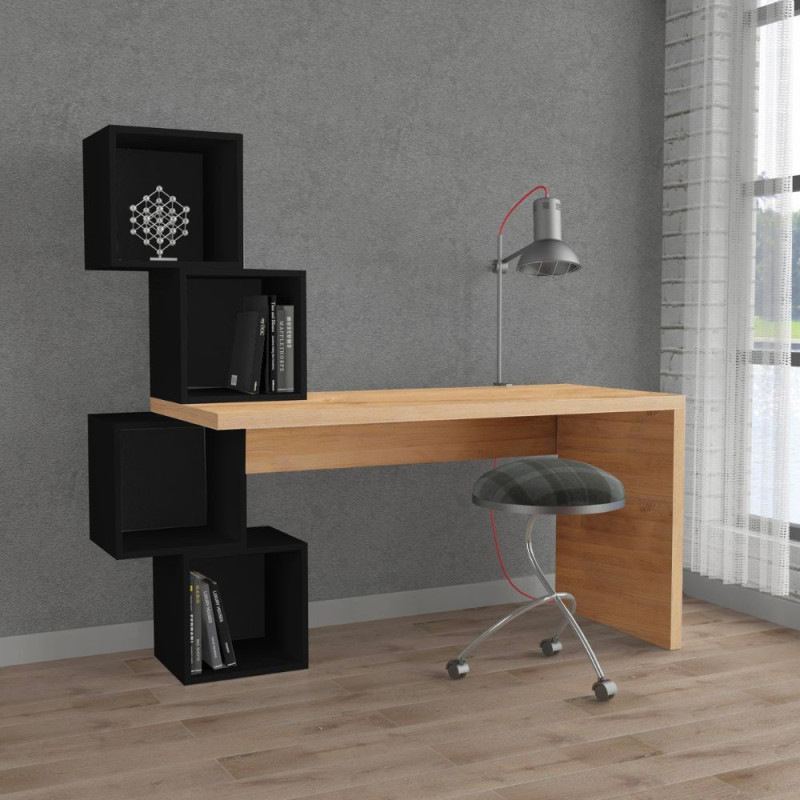 Scrivania Balance piano rovere con ripiani cubotti neri moderna
