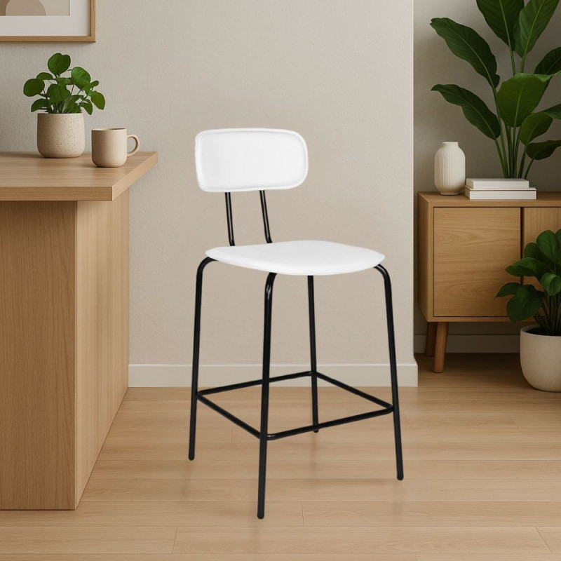 Sgabello Glami in PVC effetto cuoio bianco e struttura nera