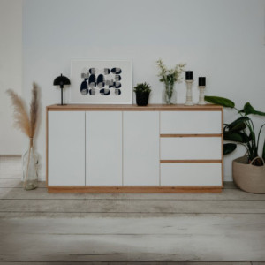 Credenza Phoenix 3 Ante 3 Cassetti Rovere e Bianco - Design Moderno