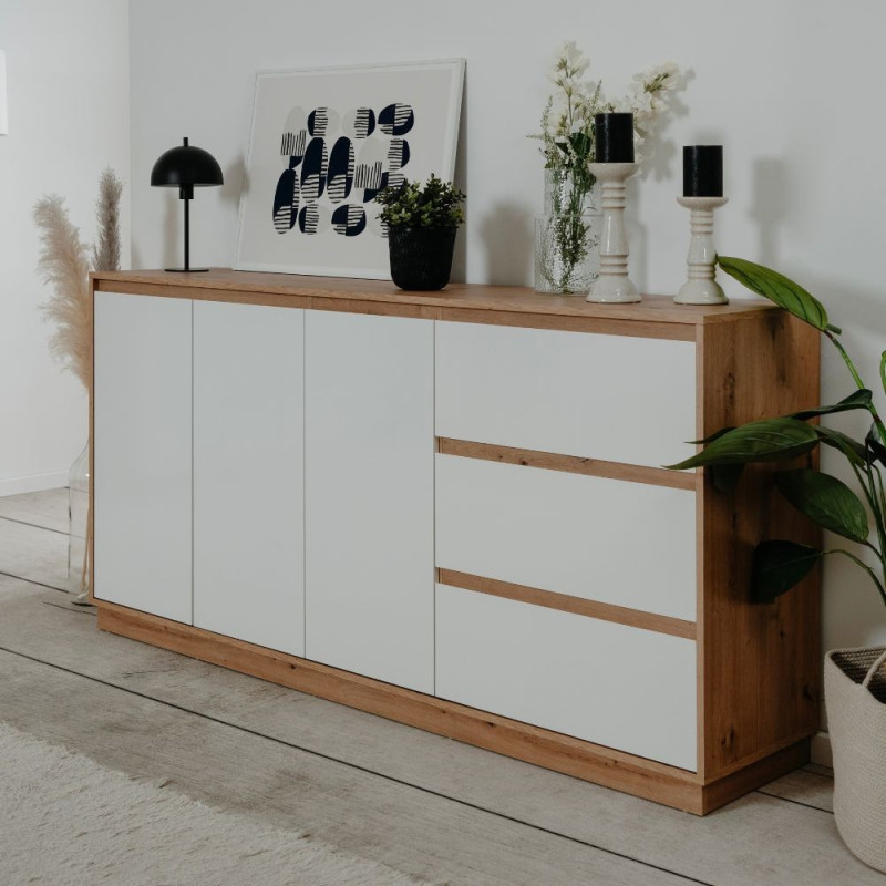 Credenza Phoenix 3 Ante 3 Cassetti Rovere e Bianco - Design Moderno