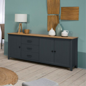 Credenza Miranda 3 ante 3 cassetti legno massiccio blu top pino