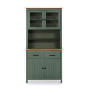 Zoom Credenza Miranda con vetrina 4 ante e due cassetti in legno massiccio colore verde e rovere