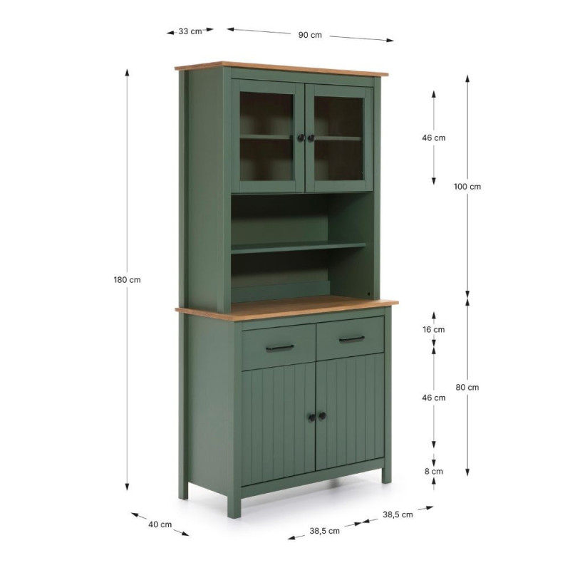 Credenza Miranda vetrina 4 ante 2 cassetti legno verde rovere