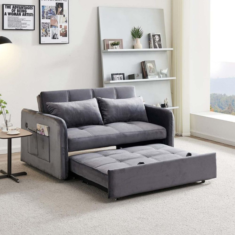 Divano letto Clorene velluto grigio con USB - Living soggiorno