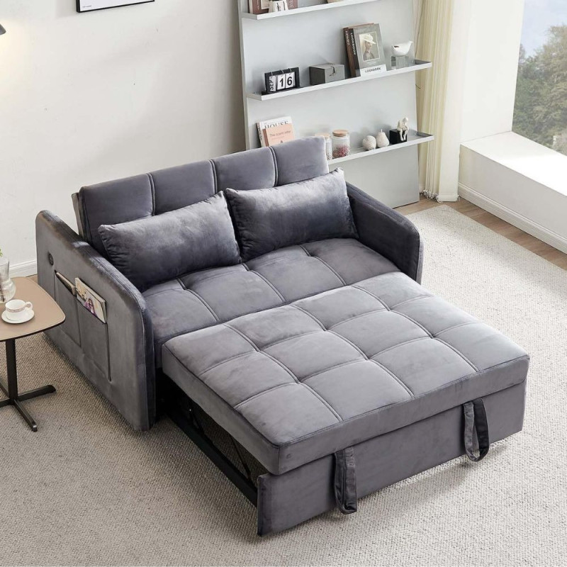 Divano letto Clorene velluto grigio con USB - Living soggiorno