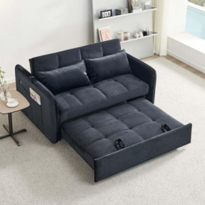 Zoom Divano letto Clorene in velluto nero con tasche e presa USB laterale