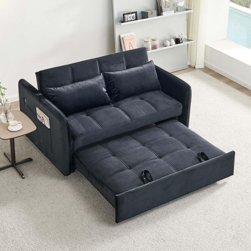 Divano letto Clorene velluto nero con USB - Living soggiorno