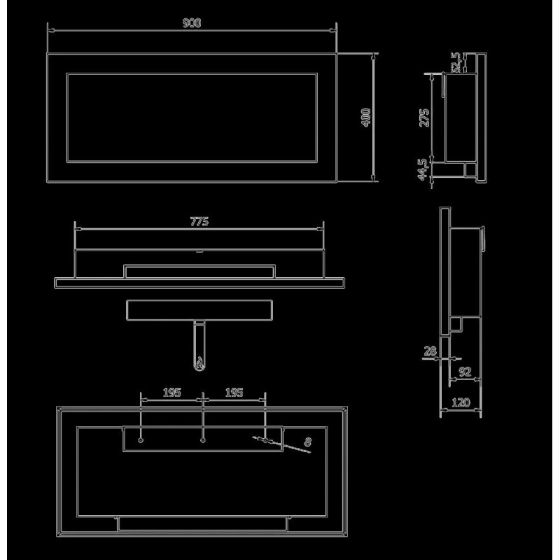 Camino a bioetanolo Lucca bianco 90x12x40 cm da parete/incasso