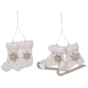 Set 6 Addobbi Legno Bianco 2 Assortiti 11x12x19,3 cm Natale
