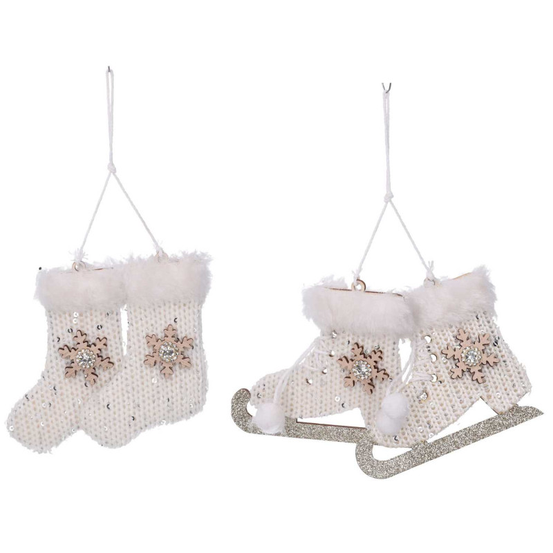 Set 6 Addobbi Legno Bianco 2 Assortiti 11x12x19,3 cm Natale