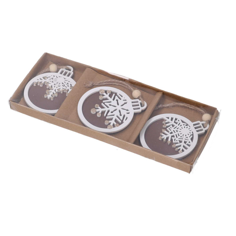 Set 6 Addobbi Legno Bianco Tondo 3 Assortiti 21,2x1,5x8,2 cm