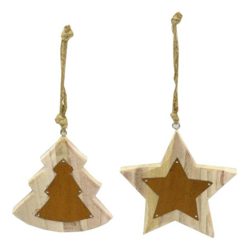 Set 6 Decorazioni Legno Naturale Marrone Stella/Albero 11x12x1,5