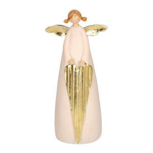 Set 2 Angeli Resina Rosa Oro con Cuore 6,5x4,5x14 cm Natale