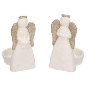 Set 4 Portacandele Ceramica Bianco Oro Angelo 8x6x11 cm