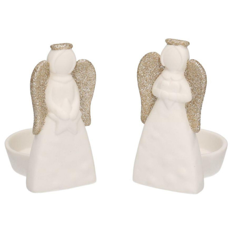 Set 4 Portacandele Ceramica Bianco Oro Angelo 8x6x11 cm