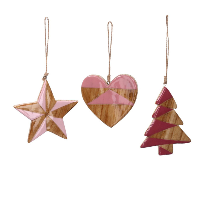Set 6 Decorazioni Albero Legno e Gomma Rosa 12,5x10x1 cm