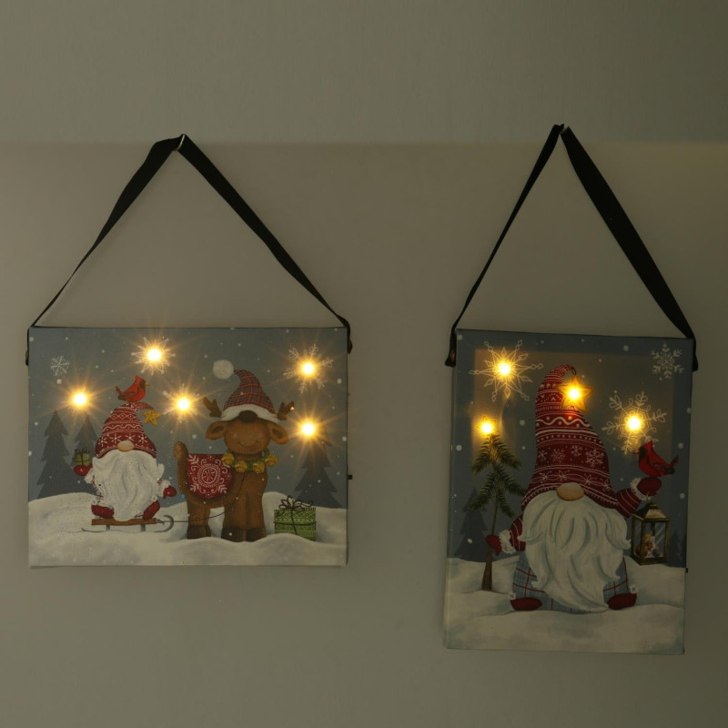 Set di 2 Quadri LED Legno Gnomo Blu 15x21x2 cm Decorazione