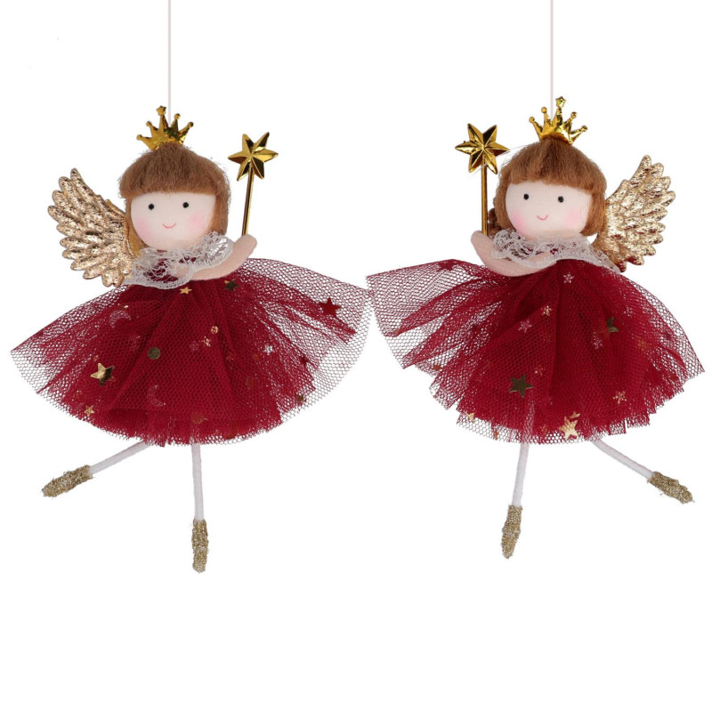 Set 8 Angeli Tessuto Rosso Oro 8x13 cm Decorazioni Natale