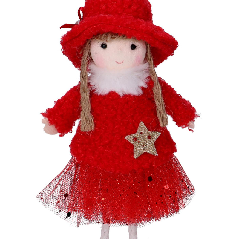 Set 6 Bamboline Tessuto Rosso Cappello 5x17 cm Decorazioni