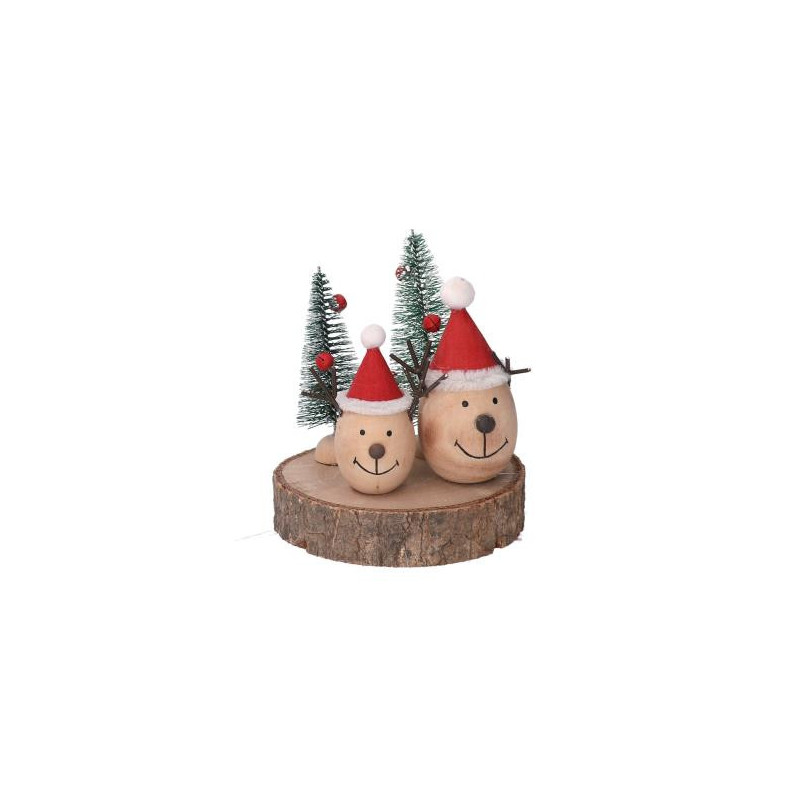 Set di 2 Renne Legno su Tronco Naturale 14x11x10 cm Natale