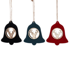 Set 6 Campane Legno Velluto Renna Rosso 9x8,5x1 cm Natale