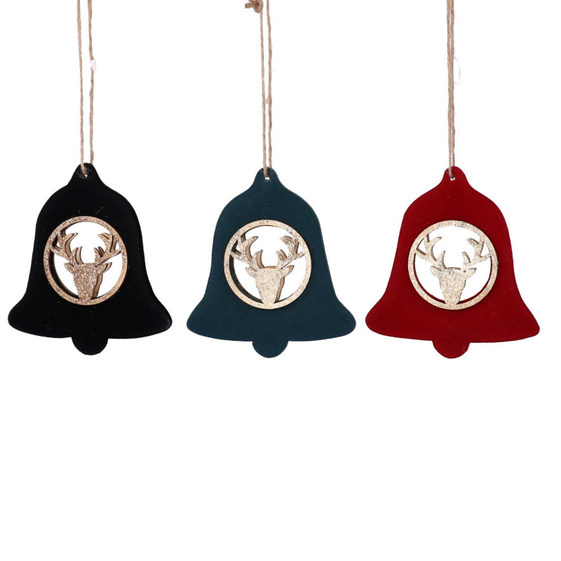 Set 6 Campane Legno Velluto Renna Rosso 9x8,5x1 cm Natale