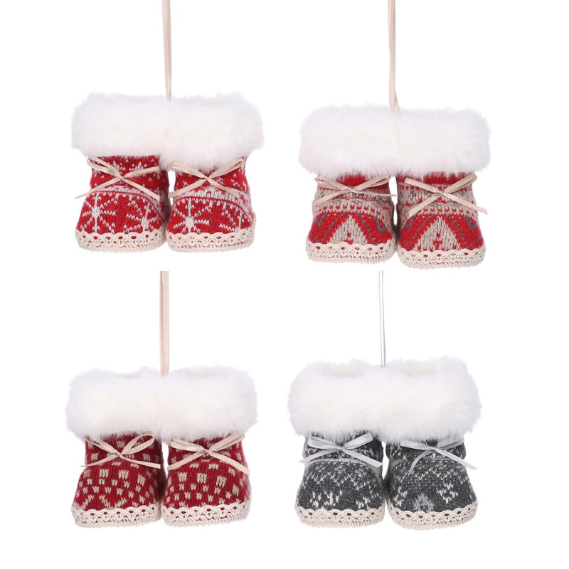 Set di 4 Scarpe Tessuto Rosso Blu 4x4x7 cm Decorazioni Natale