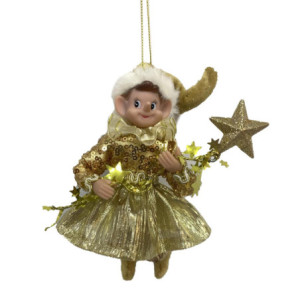 Set 3 Elfi Tessuto Oro 7x7x17,5 cm Decorazione Natalizia Casa