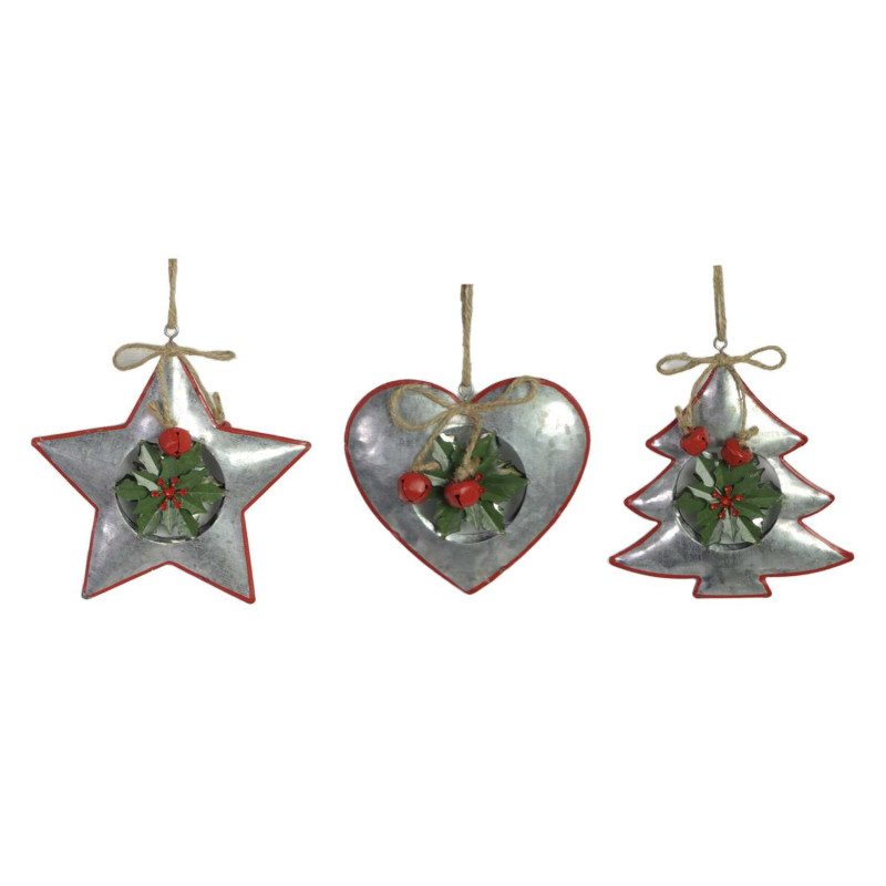 Set 6 Addobbi Metallo Grigio Rosso 3 Assortiti 7x2x8 cm Natale